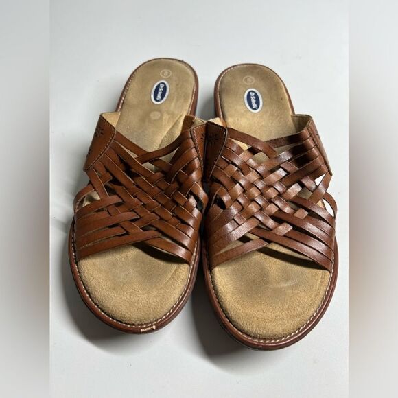 Dr Scholls Sandals Womens Size  8 Slides Woven Brown Leather Open Toe Low Heels - Picture 1 of 7